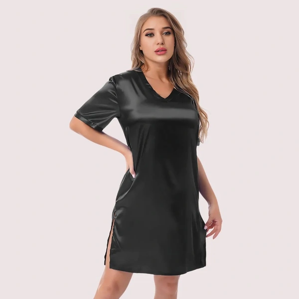 InnerFeel Silk satin sexy black short sleepwear - 4XL, Dark Black