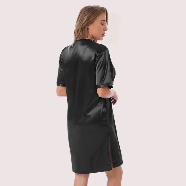 InnerFeel Silk satin sexy black short sleepwear - 4XL, Dark Black
