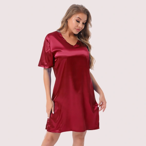 InnerFeel Silk satin sexy Maroon short sleepwear - 2XL, As Per Product Image