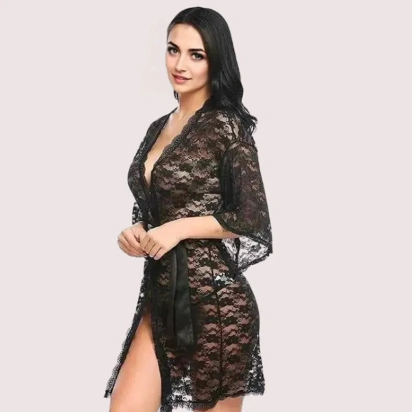 InnerFeel Soft & Lightweight Transparent Lace Robe - S, Dark Black