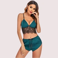 InnerFeel Soft Satin Sleep Sets with Lace Accents - L, Dark Green