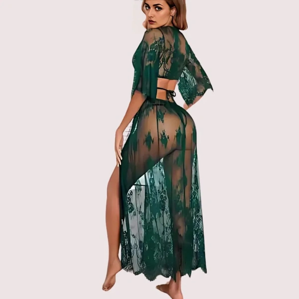 InnerFeel Stylish Sheer Net Top and Skirt Set - M, Greenish