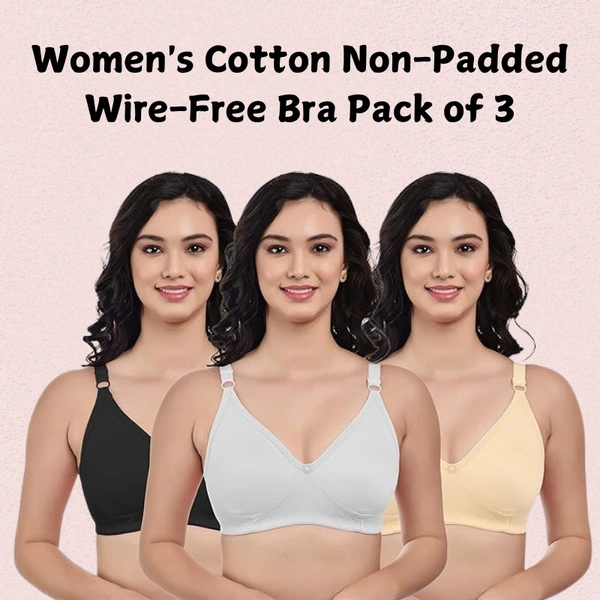 InnerFeel Women’s Cotton Non-Padded Wire-Free Bra Pack of 3 - 32B, Assorted