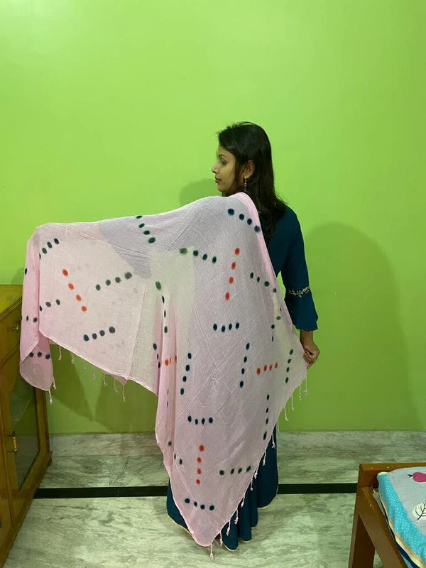 Women's Cotton Dupatta || Multicolor Printed dots work - Blush Pink