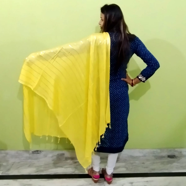 IGNOTO Women's Cotton Dupatta || Multicolor Gold Silver Zari Line Pattern (Pattern/Design: Assorted) - Yellow