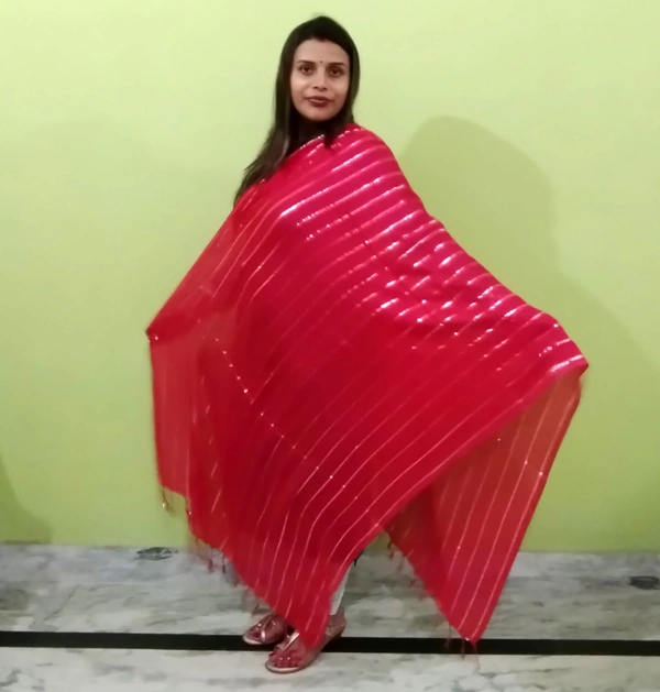 IGNOTO Women's Cotton Dupatta || Multicolor Gold Silver Zari Line Pattern (Pattern/Design: Assorted) - Red