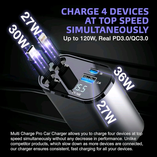 New 4in1 Car Charger Premium Quality 120W Retractable Fast Car Charger, 4 in 1 Mobile Charging Adapter with Dual USB Ports, USB-C & Lightning Cables