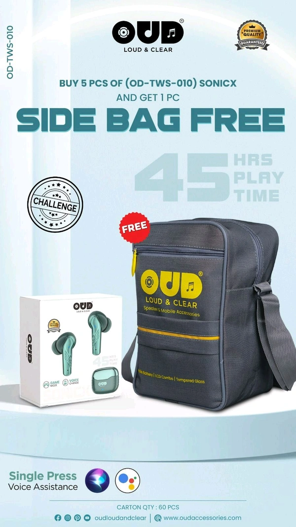 OUD OD-TWS-010 Sonicx 45Hrs Playtime Game Mode + Voice Changer Earbuds (Buy 5 PCs Get Bag Free) 6 Month Warranty