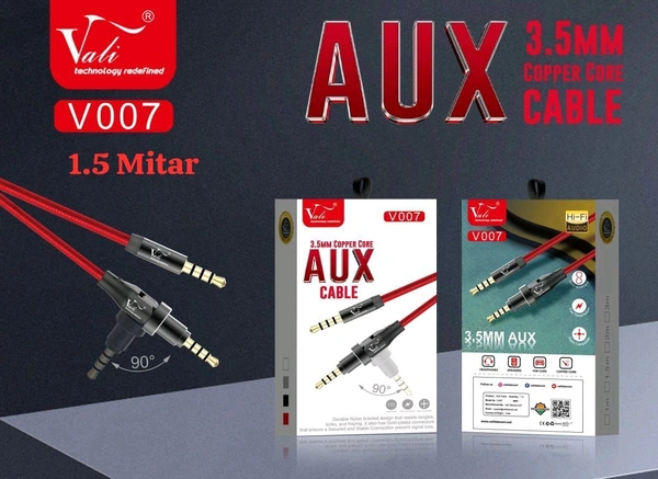 Vali V007 3.5mm 90⁰ 1.5 MTR Aux Cable Premium Quality 3 Colour 