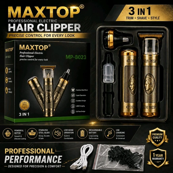 Maxtop MP-8023 Professional Electric Hair Clipper, designed as a 3-in-1 grooming kit