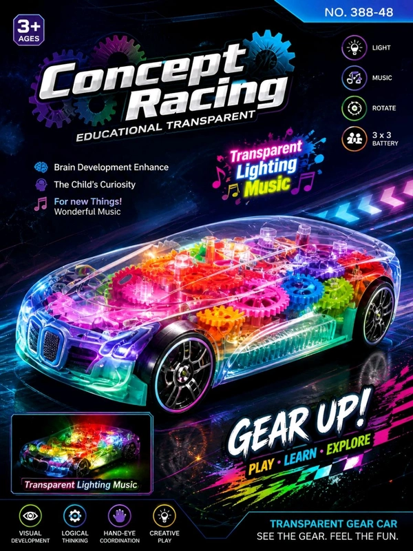 Concept Racing For Kids 3D Transparent 360 Degree Rotation, Gear Simulation Mechanical Car, Concept Racing Car, Sound 