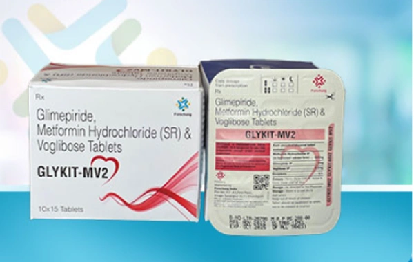 Glykit-MV 2 Tablet - 1 Strip ( 15 Tablets), Glimepiride (2mg) + Metformin (500mg) + Voglibose (0.2mg)