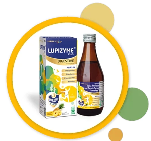 Lupizyme Plus Alpha Amylase & Pepsin Syrup | For Indigestion, Flatulence & Bloating | Flavour Pineapple - 200ml, Alpha-amylase (18.75mg) + Pepsin (12.50mg)