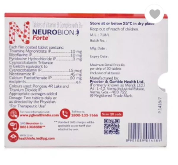 Neurobion Forte Tablet with Vitamin B12 | Helps Manage Numbness and Tingling Sensation Tablet - 1 Strip ( 15 Tablets)