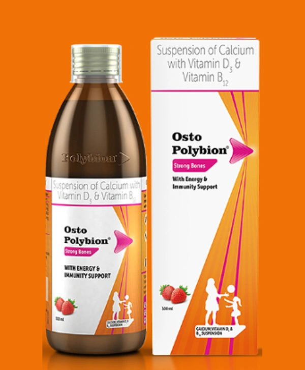 Osto-Polybion Oral Suspension with Calcium & Vitamins for Energy, Immunity & Bones | Flavour Strawberry - 300ml