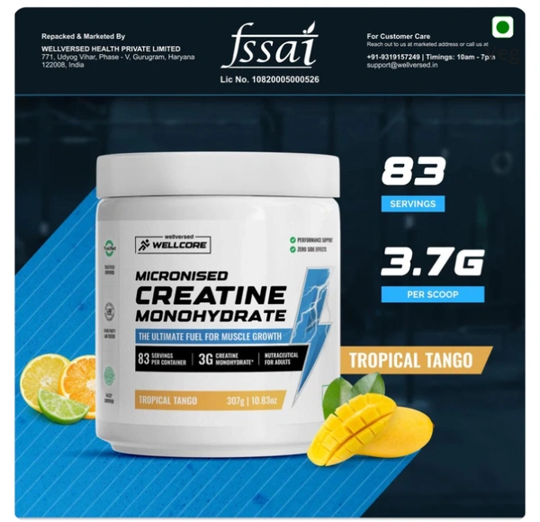 Wellcore - Pure Micronised Creatine Monohydrate (307g, 83Servings) Tropical Tango - Tropical Tango, 250 Gm