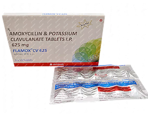 Flamox CV (625) 500mg/125mg Table - 1 Strip ( 10 Tablets), Amoxycillin (500mg) + Clavulanic Acid (125mg)
