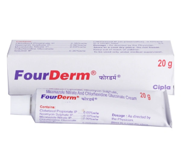 Fourderm Cream - 10gm, Chlorhexidine Gluconate (0.20% w/w) + Clobetasol (0.05% w/w) + Miconazole (2% w/w) + Neomycin (0.5% w/w)