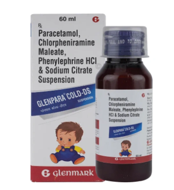 Glenpara Cold DS Oral Suspension - 60ml, Chlorpheniramine Maleate (2mg/5ml) + Phenylephrine (5mg/5ml) + Paracetamol (250mg/5ml) + Sodium Citrate (60mg/5ml)