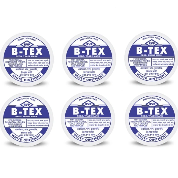 B-Tex Ointment Mfg Co RVP B-Tex White Ointment | For Eczema, Ringworm, Itches, Cold Cracks & Pimples (14g, Pack of 6)