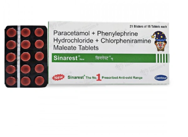 Sinarest New Tablet - 1 Strip (15 Tablets), Chlorpheniramine Maleate (2mg) + Paracetamol (500mg) + Phenylephrine (10mg)