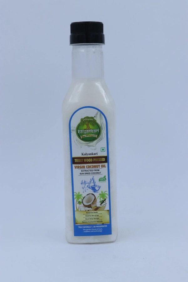 KALYANKARI Wood Cold Pressed Coconut oil - 1LTR Kolhu/Kacchi Ghani/Chekku Method | Plastic Bottle | Natural & Chemical-Free | Edible Grade | Ideal for Cooking, Skin & Hair, Baby Massage - 1LTR