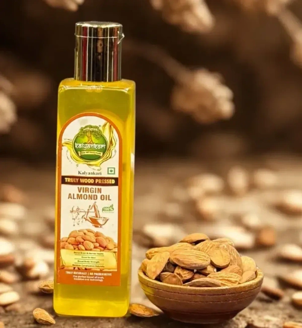 Kalyankari Almond oil (kashmiri mamra )Wood Pressed - Extracted on Wooden Churner | Kolhu/Kacchi Ghani/Chekku -200 ML