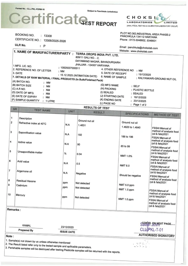 KALYANKARI Wood Cold Pressed Ground Nut Peanuts Oil 1 Litre | Plastic Bottle | Kolhu/Kacchi Ghani/Chekku/Ganuga | Peanut Oil | Natural | Chemical-Free | Cold Pressed Ground Nut Oil for Cooking - 1 Ltr