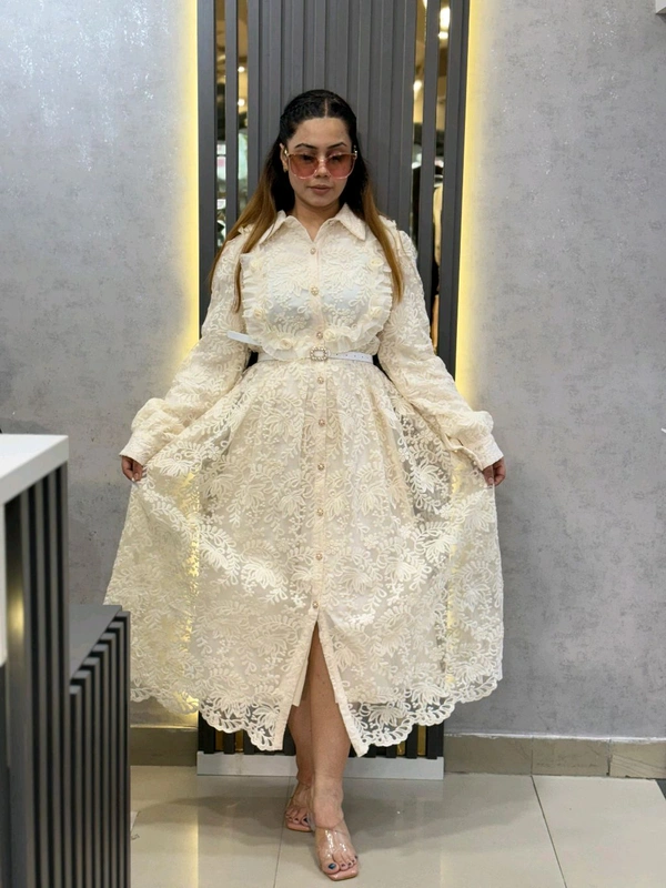 132245 Elegant Pink Lace Shirt Dress – Belted Button-Down Style