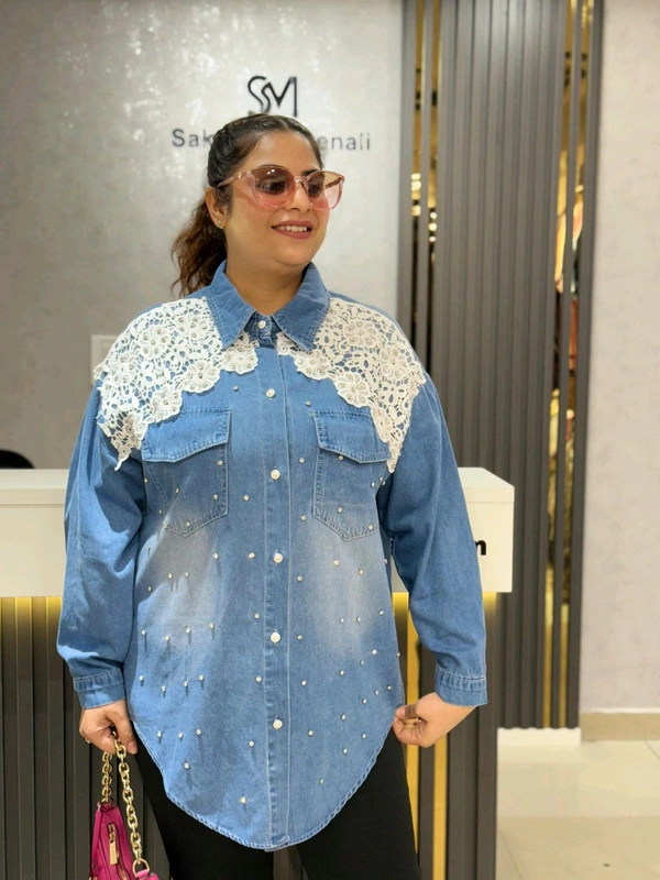 132099 Beautiful Denim Shirt With Lace And Stud