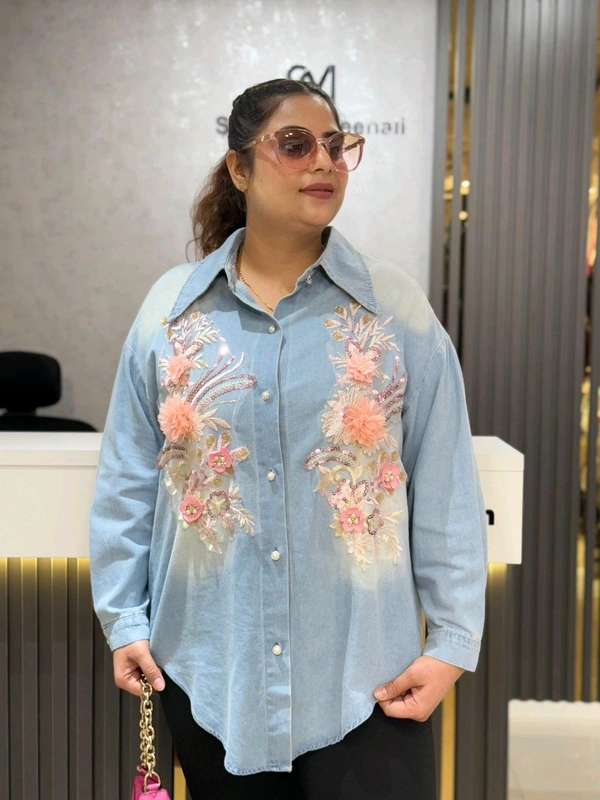 132099 Beautiful Denim Shirt With Lace And Stud