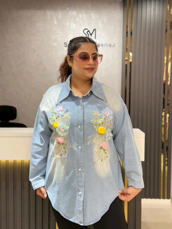 132099 Beautiful Denim Shirt With Lace And Stud