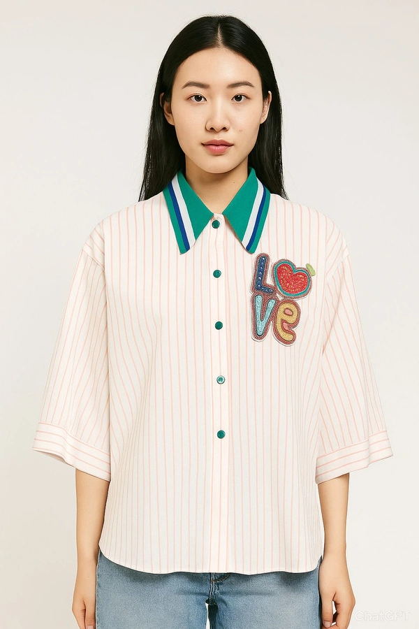 132207 Beautiful Long Collar Shirt With Love Patch And Updown Design