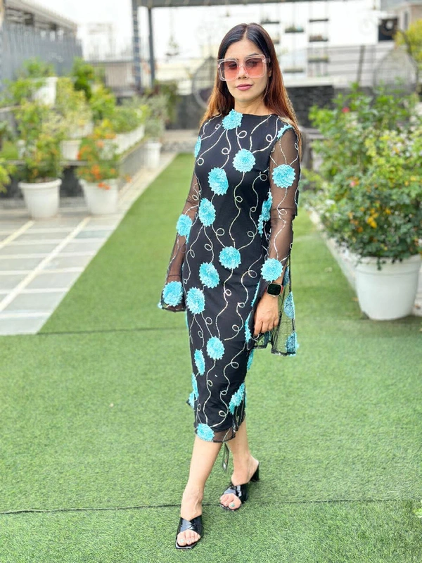 131178 Beautiful Net Dress With 3D Flowers