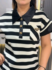 132173 Beautiful Stripes Dress With Satin Collar Detailing