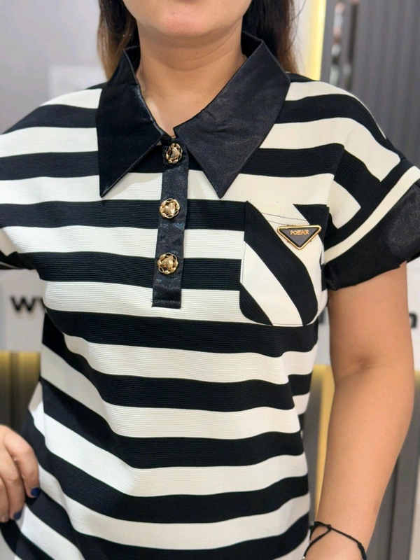 132173 Beautiful Stripes Dress With Satin Collar Detailing