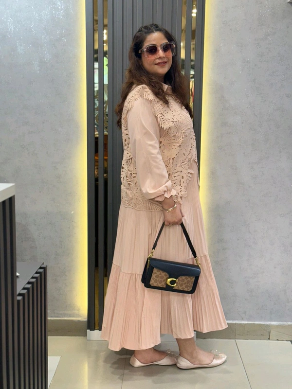 132225 Blush Elegance Pleated Dress with Lace Detailing