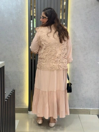 132225 Blush Elegance Pleated Dress with Lace Detailing
