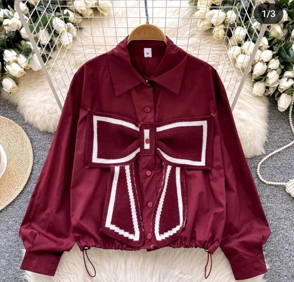 131513 Chic Button Down Shirt with Statement Bow & Geometric Accents