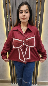 131513 Chic Button Down Shirt with Statement Bow & Geometric Accents
