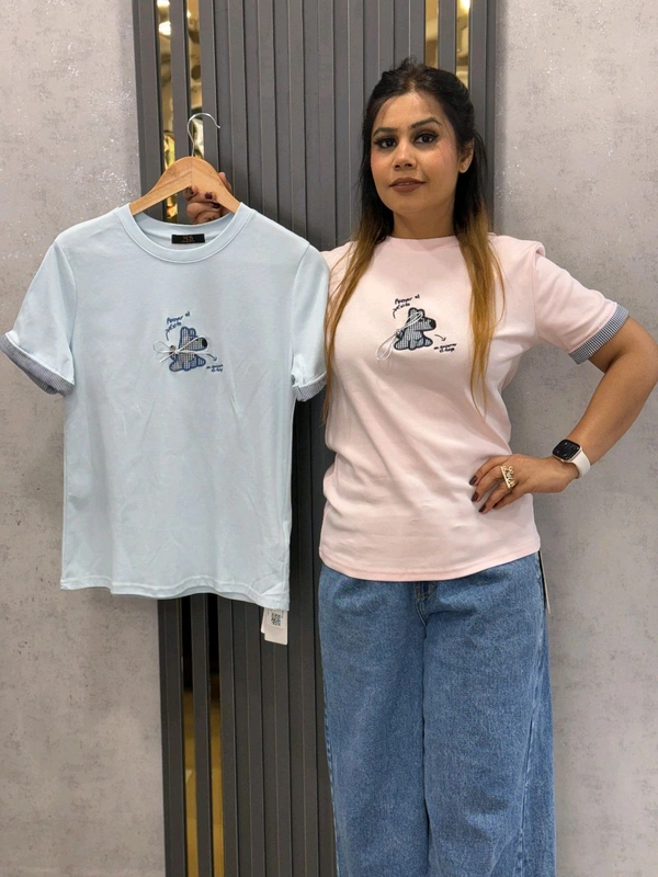 131736 Chic Pastel Tee with Embroidered Detail & Checkered Cuffs