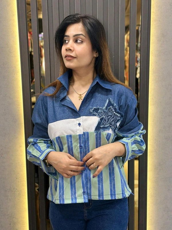 131513 Denim Fusion Striped Shirt – A Trendy Blend of Casual & Chic