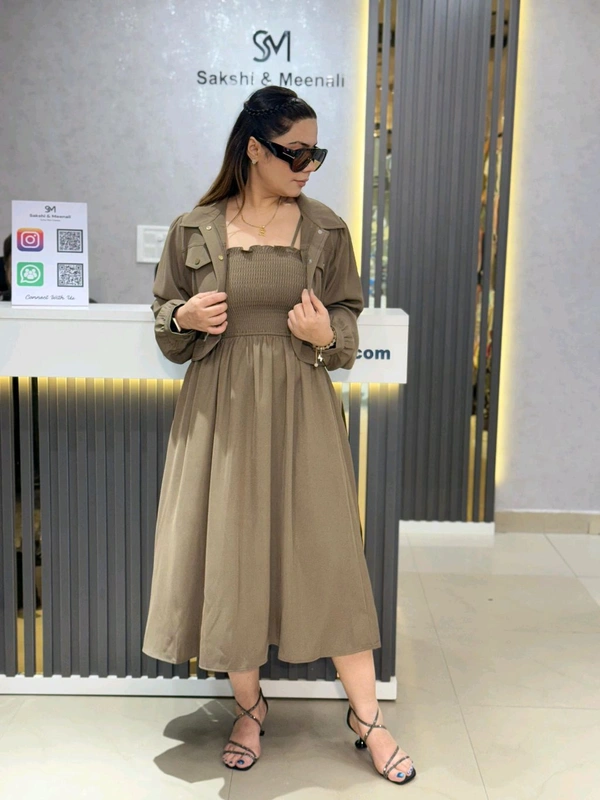 Elegant Beige Dresswith Smocked Detailing & Jacket