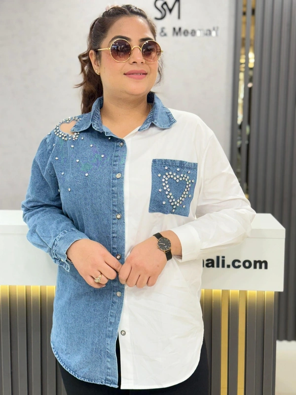 131901 Elegant  Denim Shirt With Heart Stud Detailing