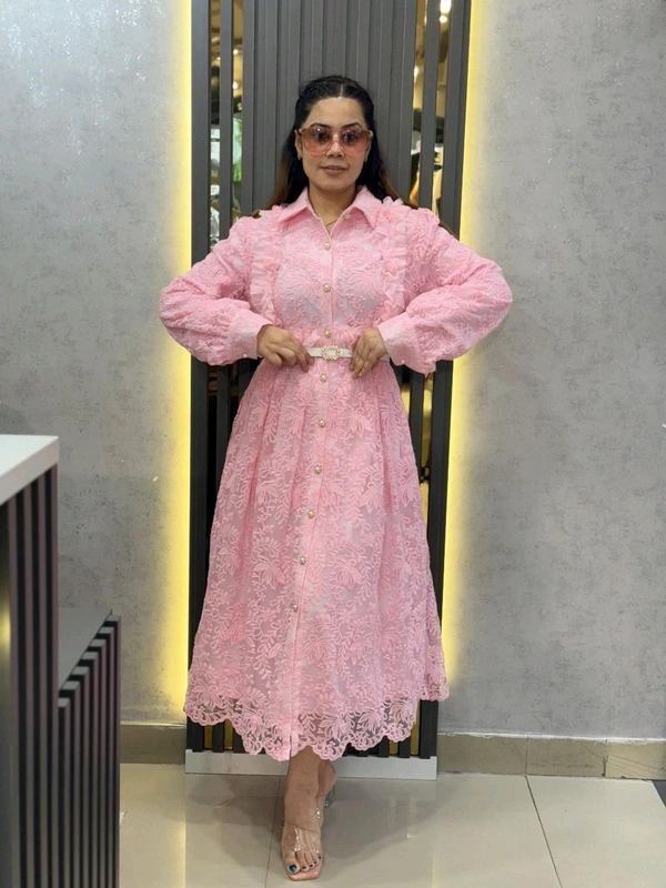 Elegant Pink Lace Shirt Dress – Belted Button-Down Style