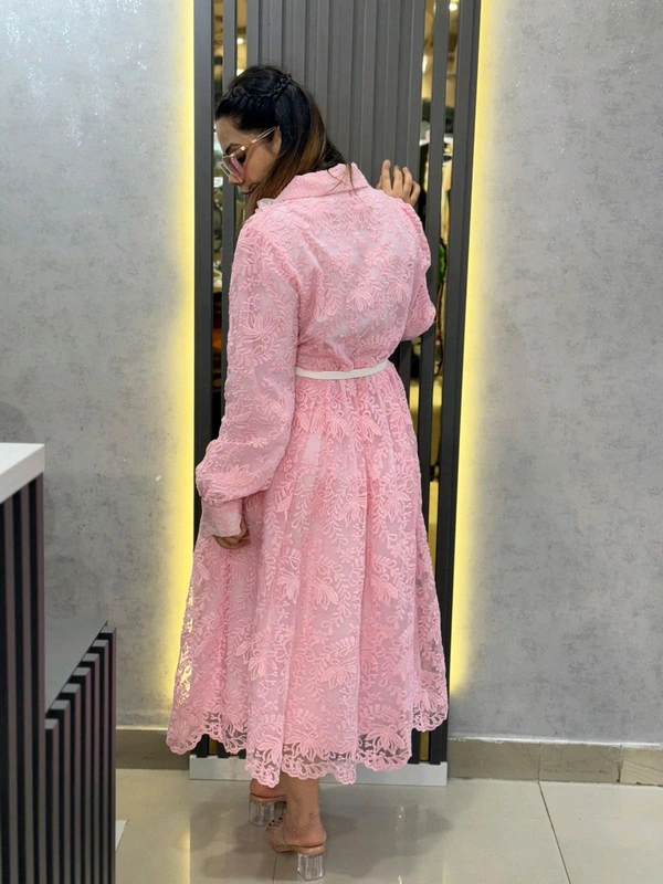 132245 Elegant Pink Lace Shirt Dress – Belted Button-Down Style