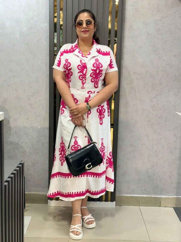 132244 Elegant Pink & White Printed Shirt Dress – Chic & Comfortable