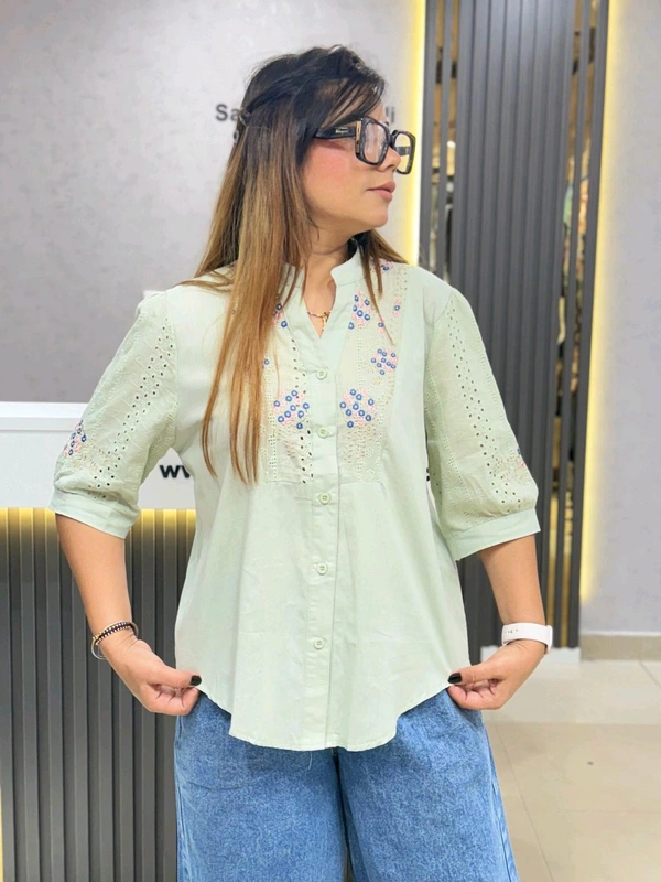 131830 Floral Embroidered Cotton Shirts – Pastel Elegance