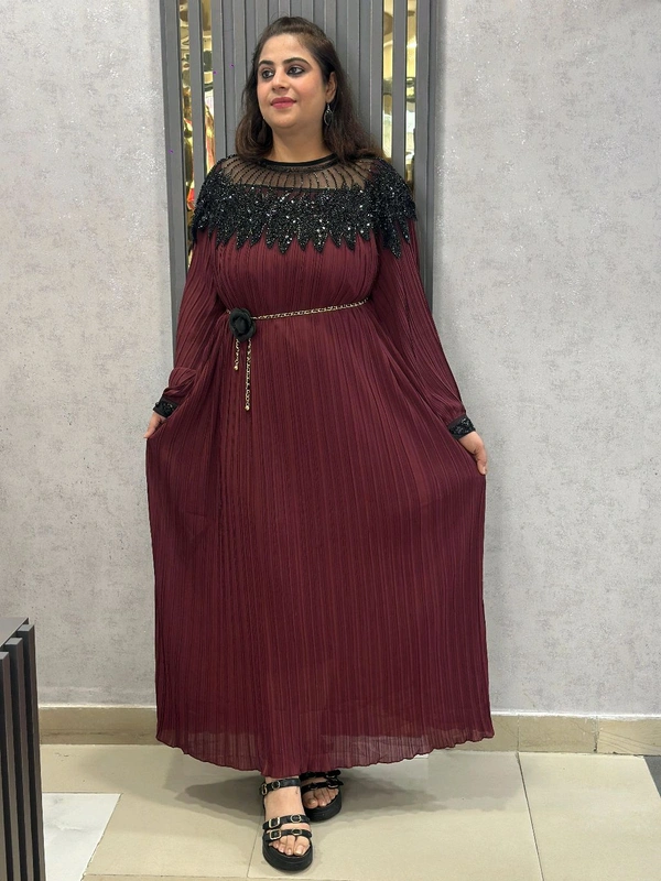 131649 Graceful Pleated Gown with Luxe Black Beaded Accents