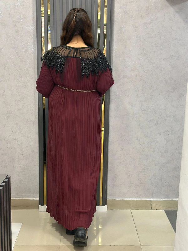 131649 Graceful Pleated Gown with Luxe Black Beaded Accents
